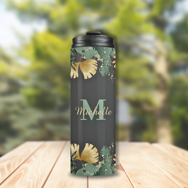 Bouteilles Isothermes Parties scintillant Feuille tropicale Monogramme T (Tropical Leaves Jungle Botanical Gold Glitter Splatter Personalized Initial Monogram & Script Name)