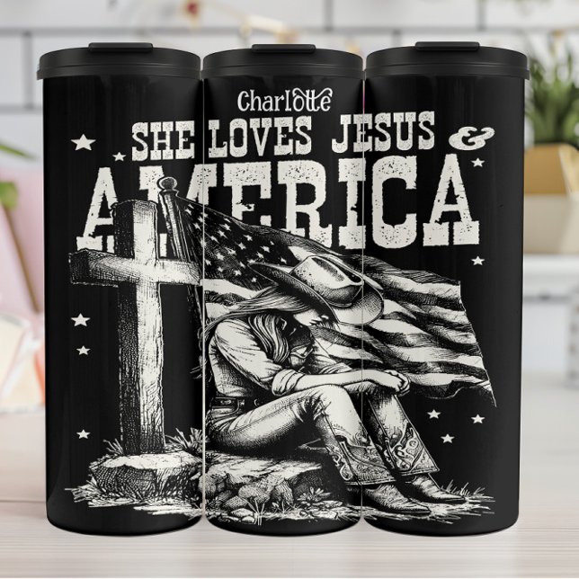 Bouteilles Isothermes Patriote fidèle : Jésus, Amérique, Cowgirl (Créateur téléchargé)