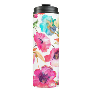 Bouteilles Isothermes Pavot rouge et fleurs bleues avec papillons, wquoi