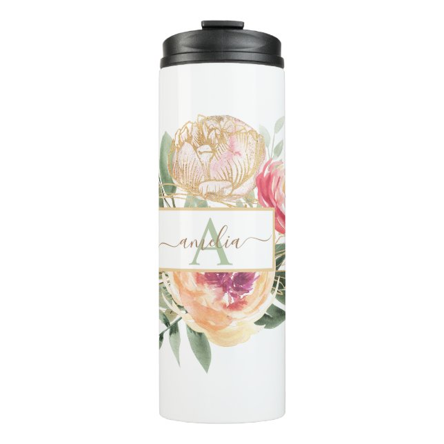 Bouteilles Isothermes Peony and Gold Flowers Nom du monogramme (Devant)