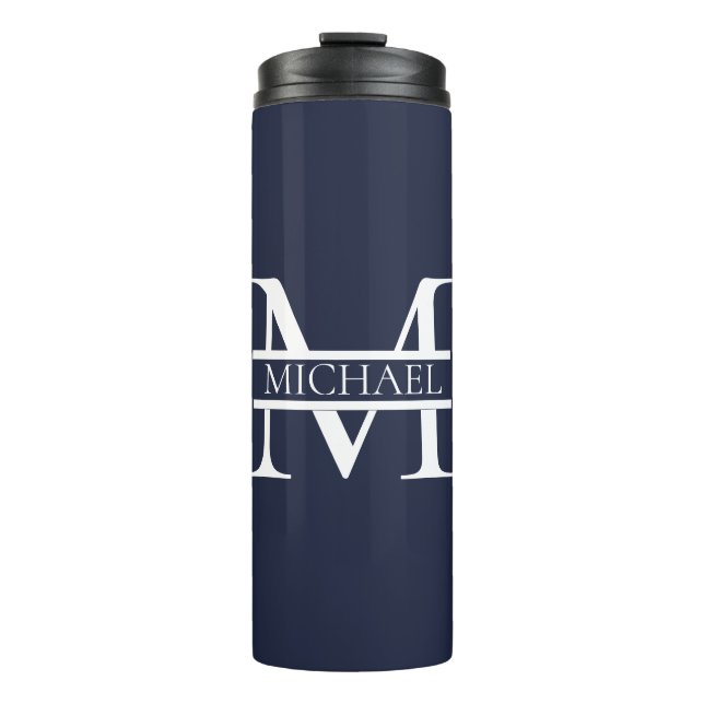 Bouteilles Isothermes Personnalisé Elegant Navy Blue Monogramme et nom (Devant)