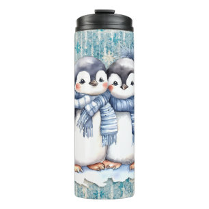 Bouteilles Isothermes Pingouins D'Aquarelle Bleu D'Hiver Avec Écharpes