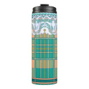 Bouteilles Isothermes Plaid et dentelle vert et pêche mignonne girly