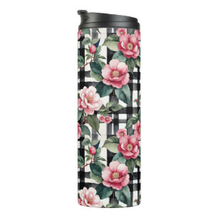 Bouteilles Isothermes Plaqué noir et blanc avec Camellias rose feuillus