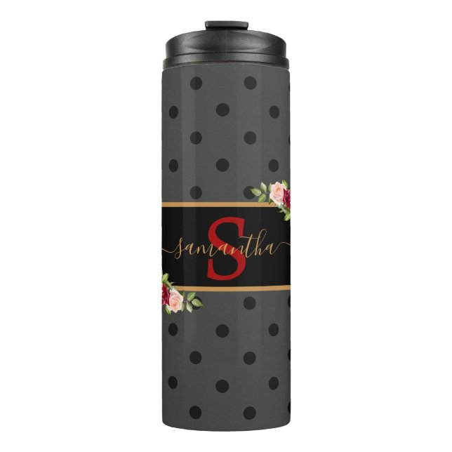 Bouteilles Isothermes Pointe Polka Noir Personnalisé et Rose Monogramme (Devant)