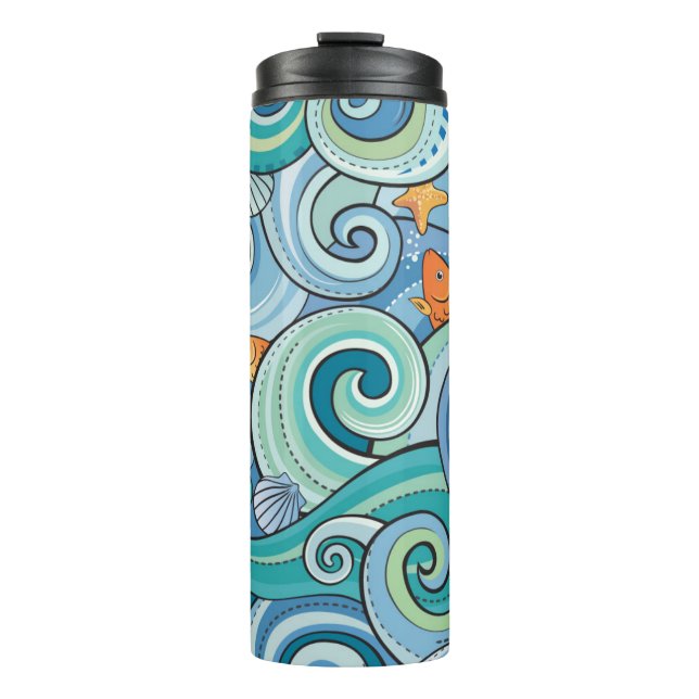 Bouteilles Isothermes Poissons parmi le motif de vagues (Devant)