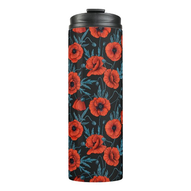 Bouteilles Isothermes Poppies, rouge et bleu sur noir (Devant)