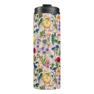 Bouteilles Isothermes Poulets et fleurs sauvages sur coton bonbon rose