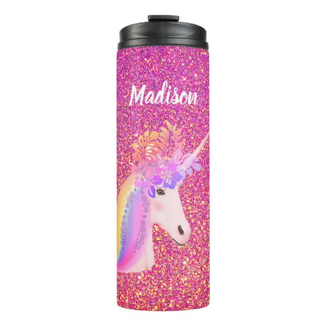 Bouteilles Isothermes Rainbow Unicorn Pink Gold Parties scintillant Nom  (Devant)