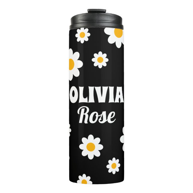 Bouteilles Isothermes Retro Black Daisy 70's Hippie Nom personnalisé (Devant)