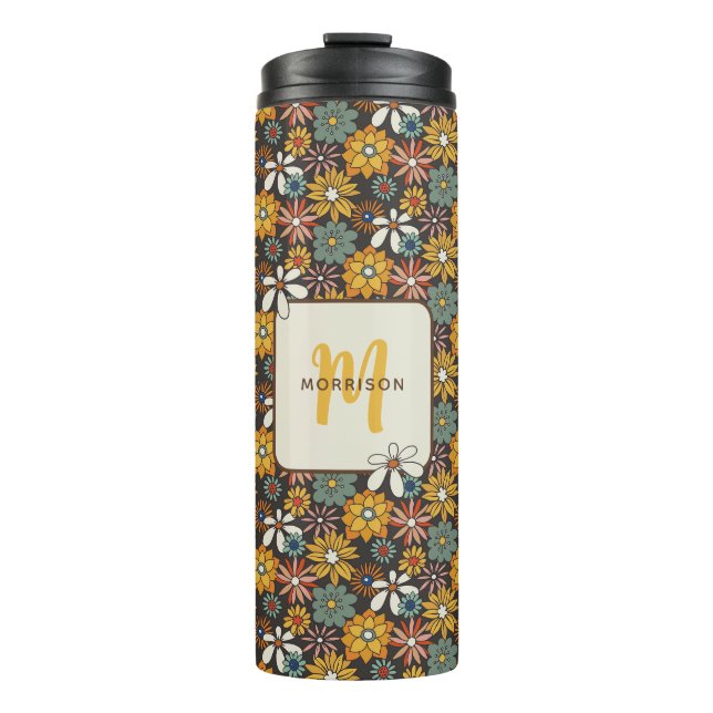 Bouteilles Isothermes Retro Floral Brown Gold Turquoise Personnalisé (Devant)