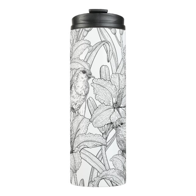 Bouteilles Isothermes Robins et fleurs de lys, noir et blanc (Devant)