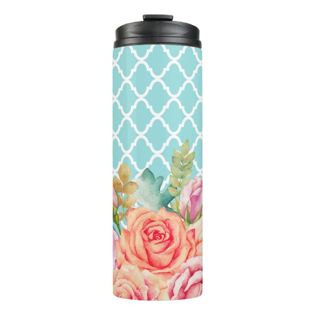 Bouteilles Isothermes Rose bleu de pêche de Quatrefoil d'Aqua Girly (Devant)
