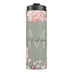 Bouteilles Isothermes Rose d'aquarelle Wreath personnalisée Vert sage