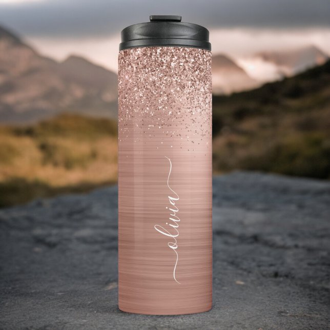 Bouteilles Isothermes Rose Gold Métal Brossé Monogramme Paillettes Roses (Créateur téléchargé)