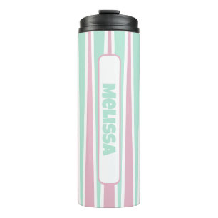 Bouteilles Isothermes Rose pastel et motif triangle menthe avec nom