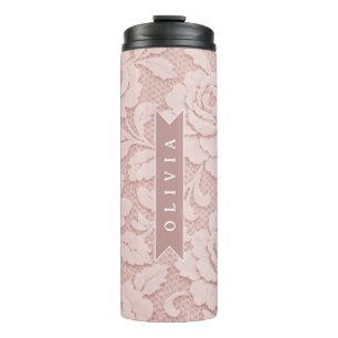 Bouteilles Isothermes Rose personnalisé en dentelle fleurie romantique