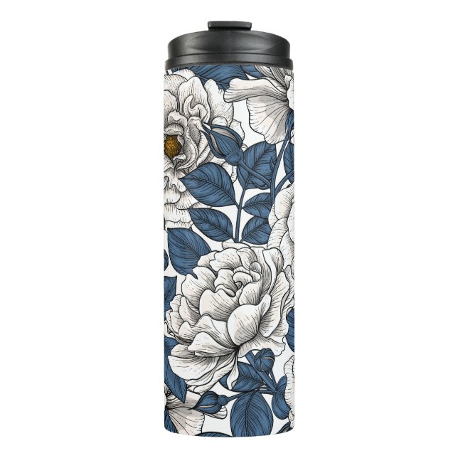 Bouteilles Isothermes Roses blanches avec feuilles bleus sur blanc (Devant)