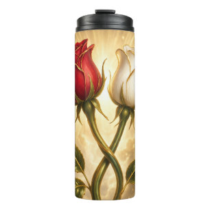 Bouteilles Isothermes Roses rouges et blanches entrelacées.