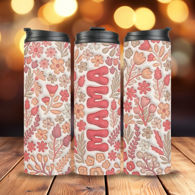 Bouteilles Isothermes Rouge Boho Floral Mama (3D Inflated Red Boho Flowers Mama Thermal Tumbler)
