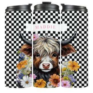 Bouteilles Isothermes Rustic Highland Cow Floral Checkered Tumbler Mug