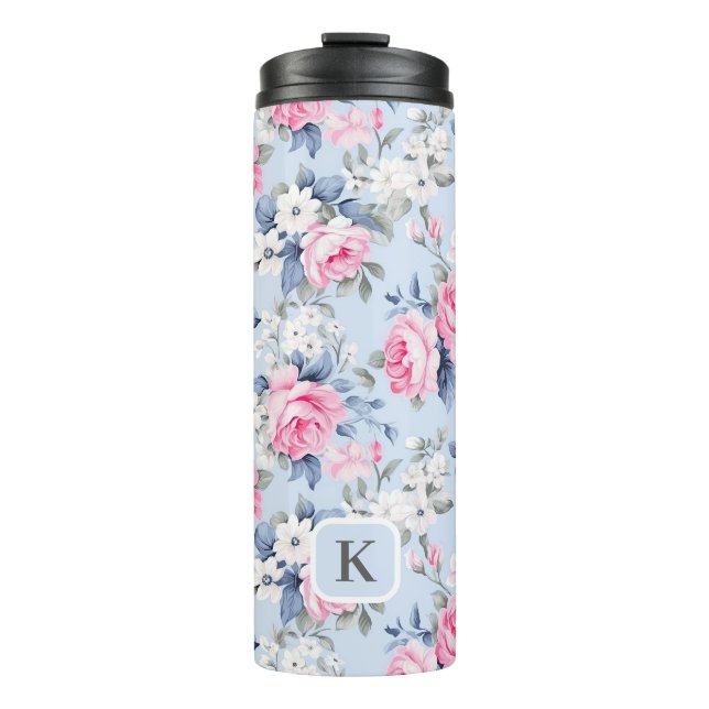 Bouteilles Isothermes Shabby chic rose roses fleurs blanches motif (Devant)