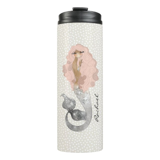 Bouteilles Isothermes Sirène avec cheveux roses et votre nom (Devant)