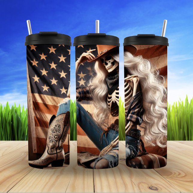 Bouteilles Isothermes Skeleton Cowgirl en costume patriotique (Créateur téléchargé)