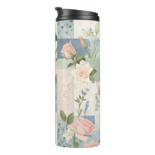 Bouteilles Isothermes Soft Feminine Florale Rose Et Patchwork Bleu