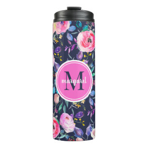 Bouteilles Isothermes Soleil Boho Floral rose et Monogramme de marine
