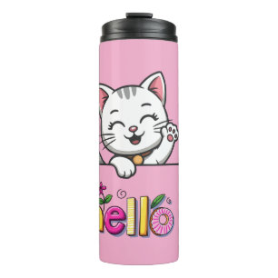 Bouteilles Isothermes Tasse Thermique Rose Bonjour Chat Mignon qui Agite