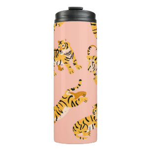 Bouteilles Isothermes Tigres caricaturaux, motif vintage rose.