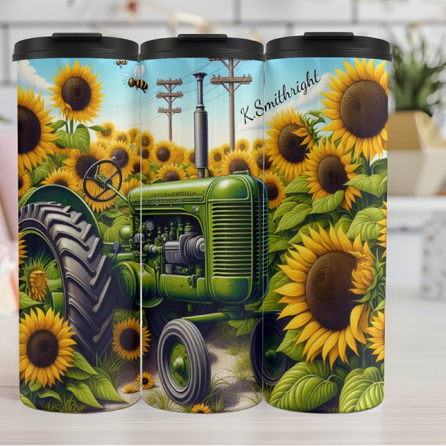 Bouteilles Isothermes Tracteur vert du terrain de tournesol été (Créateur téléchargé)