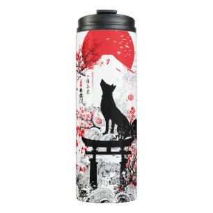 Bouteilles Isothermes Traditional Red Black Japanese Kitsune Fox with Mo