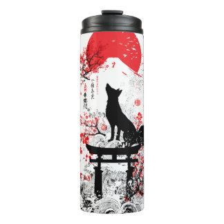 Bouteilles Isothermes Traditional Red Black Japanese Kitsune Fox with Mo