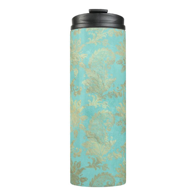 Bouteilles Isothermes Turquoise et or Peacock Damask (Devant)