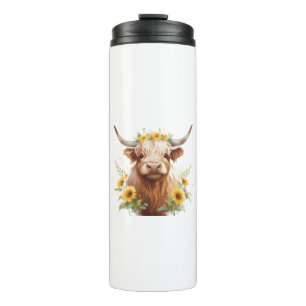 Bouteilles Isothermes Vache Highland avec Couronne de fleurs de tourneso