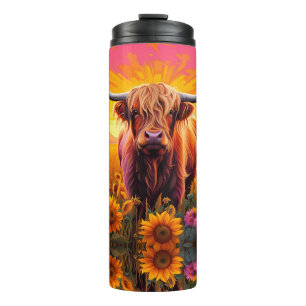 Bouteilles Isothermes Vache Highland dans les tournesols à Sunrise