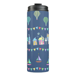 Bouteilles Isothermes Ville côtière voiliers et décor de fanions motif b