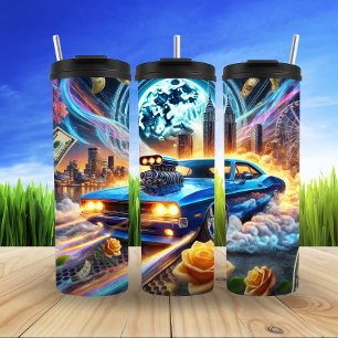 Bouteilles Isothermes Voiture Musculaire Bleu Vibrant Avec Fond Ville