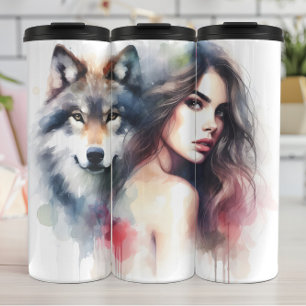 Bouteilles Isothermes Whispers aquarelle : Femme et Loup.
