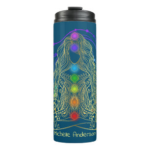 Bouteilles Isothermes Yoga d'or fille avec Chakra coloré Voyage Mug