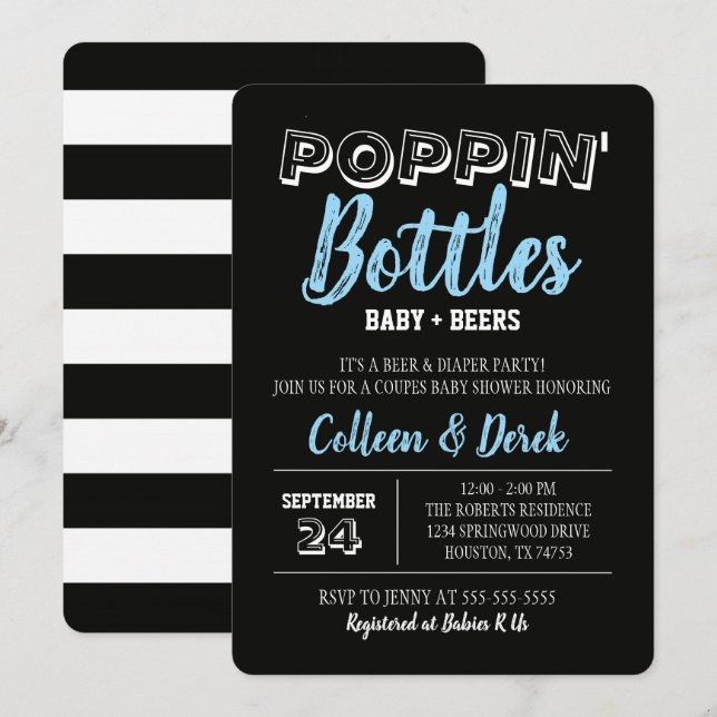 Bouteilles Poppin' Baby shower bleu Invitation (Devant / Derrière)