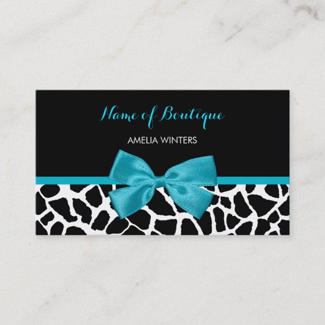 Boutique Chic Giraffe Print Aqua Blue Ribbon Bow Visitenkarte (Vorderseite)