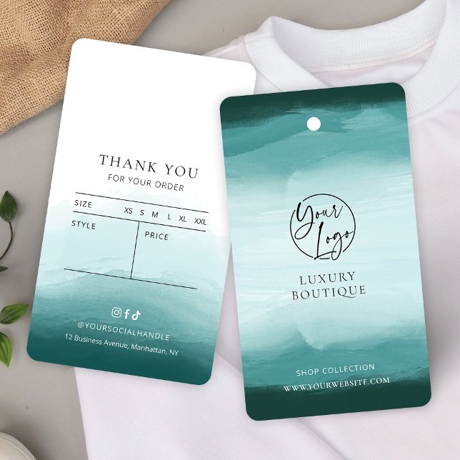 Boutique für Aquamarine Bekleidung mit Wasserfarbe (Modern teal watercolor clothing price tag labels with fully editable text)