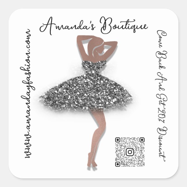 Boutique Shop Clothing Qr Code Black Glitter White Quadratischer Aufkleber (Vorderseite)