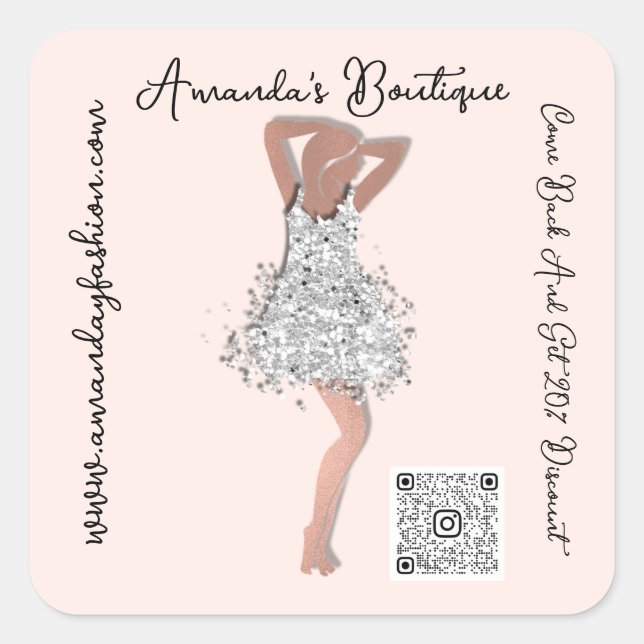 Boutique Shop Clothing Qr Code Rose Spark Glitter Quadratischer Aufkleber (Vorderseite)