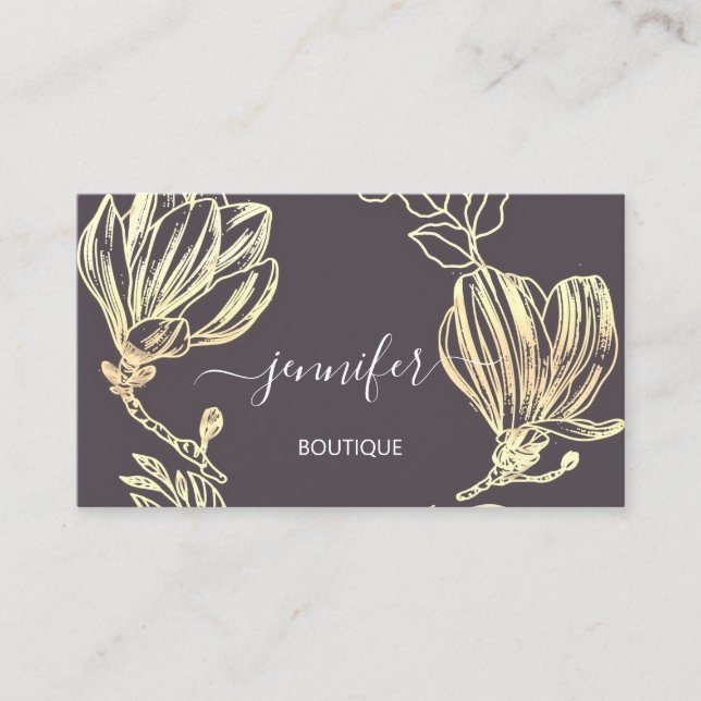 Boutique Shop Smoky Plum Gold Blume QRCode Visitenkarte (Vorderseite)