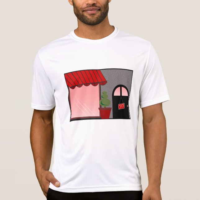 Boutique Storefront Red Black Topiary Open T-Shirt (Vorderseite)