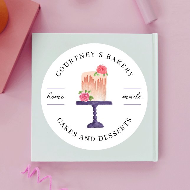 Boutique Zuhause Bäckerei Catering Runder Aufkleber (Watercolor cake boutique packaging label with elegant hand painted bakery art)